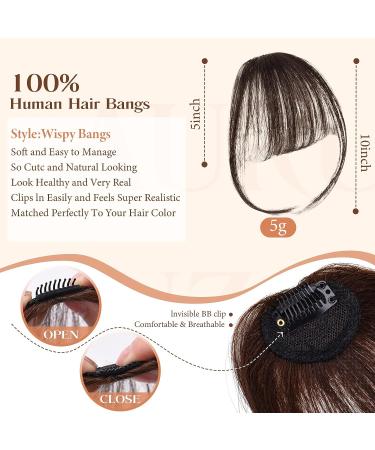 AURUZA Wispy Bangs Hair Clip Extensions - 100% Human Hair, Fake Bangs with Temples, Curved Bangs, Ponytail Extension for Women - Dark Brown (4 - Buy Online on GoSupps.com