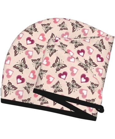 Hair Towel Wrap with Button - Quick Drying Towel Turban in Beautiful Butterflies & Hearts Design | International Shipping Available - Buy Online on GoSupps.com