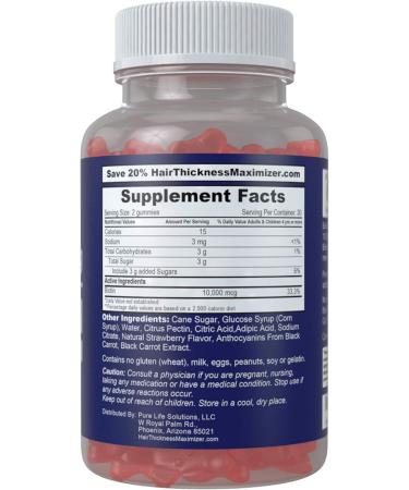 Hair Thickness Maximizer Biotin 10000mcg Gummies - Vegetarian, Gluten Free Gummy Bears - Hair Growth Vitamin for Men and Women - Combats Hair Loss & Thinning - Strawberry Flavor - 60 Count - Buy Online on GoSupps.com