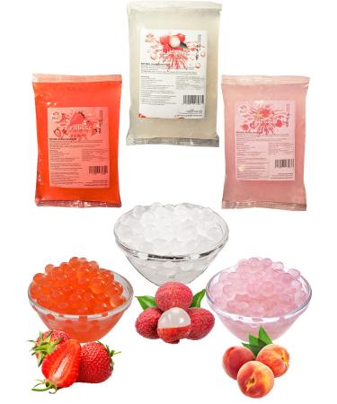 Bubble tea popping boba mix - 3 x 600g peach+strawberry+lychi boba fruit beads - nature & gluten -free boba pearls - food certificate with ISO standards - make bubble tea top for diy peach+stringberer+litschi pack with 3