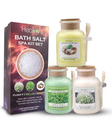Bath Salt Gift Set  Natural Epsom Salts Scented with Essential Oils - Spa Kit with 3 Individual Pouches  Wooden Scoop  Gift Box   Detox Skin  Hydrate  Heal & Relax with Aromatherapy