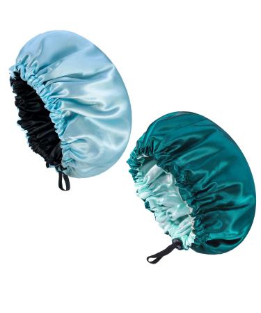 NADONEL 2 Pcs Silk Bonnet Sleep Cap Adjustable Silk Bonnet Sleep Cap Waterproof Satin Hair Cap Night Cap Double Layer Satin Bonnet for Women Girls Black Curly Hair (Blue+Green)