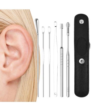 Earwax Removal Kit 6pcs Stainless Steel Earwax Cleaner with Pu Storage Bag Ear Wax Cleaner Kit Professional Ear Cleaning Tool for Family Friends Adults and Kid Black