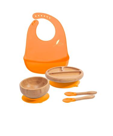 Love Earth - Bamboo Baby Weaning Set 5 Piece Baby Weaning Set Including Suction Plate Bowl Spoons and a Silicone Bib Eco-Friendly Weaning Set for Babies from 3 Months to 6 Years (Orange)