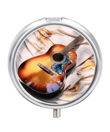 Round Pill Box Watercolor Acoustic Guitar Print 3 Compartment Medicine Pill Case Print Pill Organizer Decorative Metal Portable Pill Box Pocket Pill Box Style-4