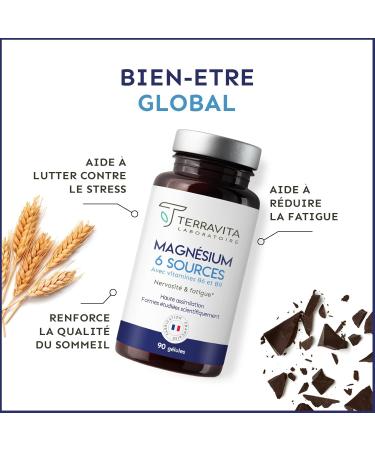 Magnesium 6 Sources Including Bisglycinate + Marine + Citrate | Optimum Efficacy against Fatigue and Stress | 300 mg of Magnesium Element per Dose + B6 + B9 | 90 Vegan Capsules | Made in France - Buy Online on GoSupps.com