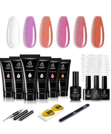 Beetles Poly Extension Gel Nail Kit, Clear and Glitter Poly Nail Gel Color Poly Nail Forms Nail Strenghthener Nail Enhancement Trial Professional Nail Technician All-in-One Kit DIY at Home