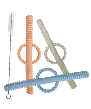 Petite Bee - Silicone Baby Teether Tube Toys with Handle (3 Pack) Chew Straws for Toddlers (Blue)