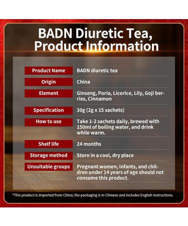 BADN Herbal Diuretic Tea Contains 6 Natural Ingredients That Help Diuretic Relieve Dampness Alleviate Bloating in Both Men and Women and Reduce Swelling in The Legs and feet. 2g x 15 Bags - Buy Online on GoSupps.com