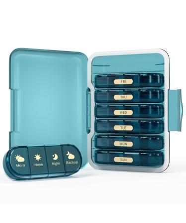 Weekly Pill Organizer 4 Times a Day 7 Day Pill Box 4X Portable for Travel Pill Case for Pills/Vitamin/Fish Oil/Medication/Supplements (4x7 Blue) Blue 4 times x 7 days