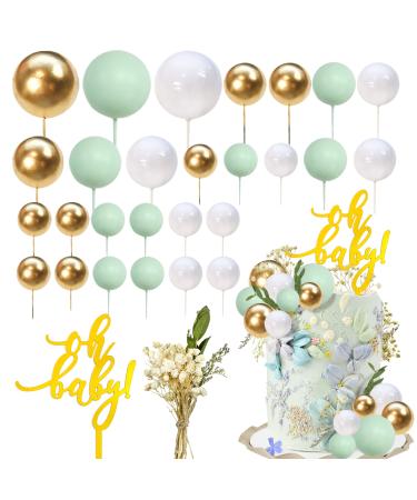 29 PCS Colorful Ball Cake Topper Mini Balloon Cupcake Topper DIY Foam Ball Artificial Dried Flower Cake Insert Decoration for Wedding Anniversary Baby Shower Birthday Party Supplies (White Gold Green)