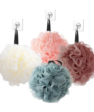 Bath Sponge with Hook 4 Pack Shower Loofah Soft Mesh Shower Puff Body Wash Loofah Sponge Exfoliating Scrubber Beauty Bathing Accessories Solid Color