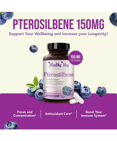 150mg Pterostilbene Supplement - Once Daily Antioxidant Supplement for Healthy Aging Immune Heart Skin and Brain Support - Naturally Derived Non-GMO & Made in The USA (180 Servings) - Buy Online on GoSupps.com
