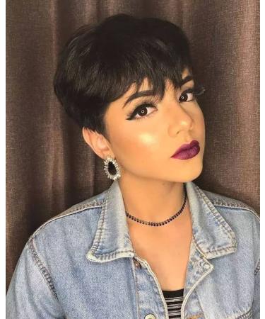 Amecire Pixie Cut Wig for Black Women Short Human Hair Pixie Cut Wigs None Lace Front Wig Short Pixie Cut Layered Wigs with Bangs for Daily Wear Natural Color 1B