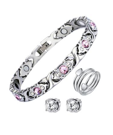 NSJDDWN Magnetic Bracelet Ring Earrings Set for Women Lymph Detox Magnetic Bracelet, Acupressure Earrings, Lymphatic Drainage Ring silver 2