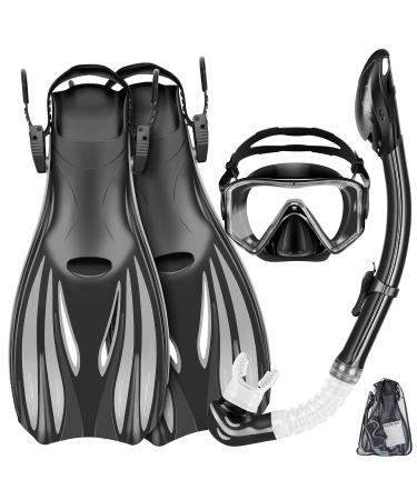 Zeeporte Dive Snorkeling Gear for Adults Kids - Mask Fins Snorkel Set with Panoramic View Snorkel Mask Anti-Fog Anti-Leak, Dry Top Snorkel, Dive Flippers and Gear Bag, Snorkeling Diving Safety Gear Black M Flipper