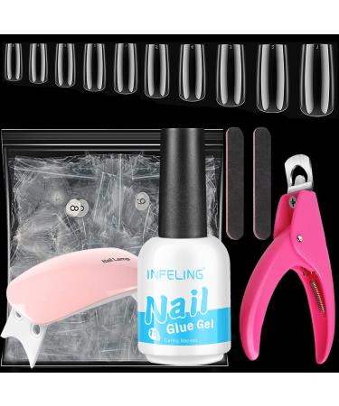 Nail Tips and Glue Gel Kit - 4 in 1 Gel Nail Kit 15ML Nail Glue for Acrylic Nails, INFELING 500Pcs Clear Square Nails with Acrylic Nail Clippers, Portable Nail Lamp,Nail Files,DIY Nail Art Kit