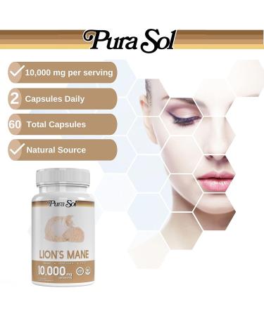 Pura Sol Lion's Mane Mushroom Capsules 10,000mg - Focus & Clarity Supplement - Buy Online on GoSupps.com