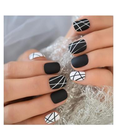 Zhi Zhi Short Round Fake Nails Black And White Lines | Professional Nail Art for Students & Office Ladies - L5656 - Buy Online on GoSupps.com