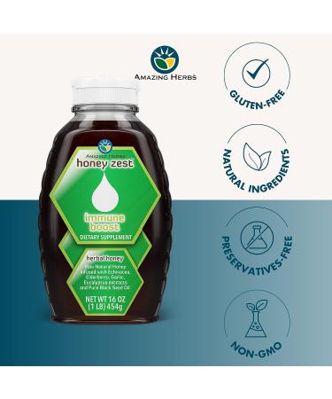 Raw Natural Herbal Honey Infused with Echinacea, Elderberry, Garlic, Eucalyptus & Black Seed Oil - Honeyzest Immune Boost 16 Fl Oz - Buy Online on GoSupps.com