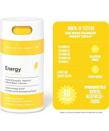 Health By Habit Energy Supplement - Natural Caffeine Blend with Vitamins B & C - 60 Capsules, Vegan, Non-GMO, Sugar-Free - Buy Online on GoSupps.com