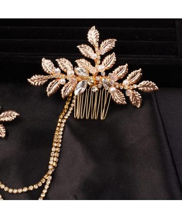 Dainty Bridal Gold Leaf Hair Comb Headband with Crystals and Pearls - Buy Online on GoSupps.com