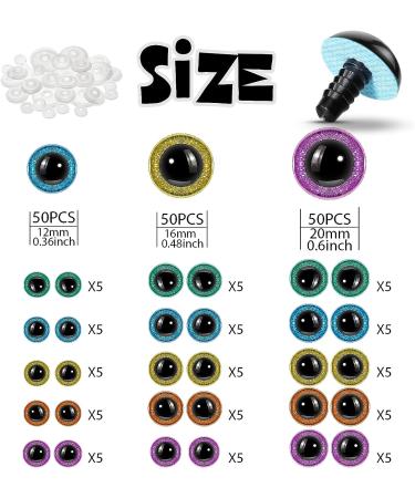 150 Pcs Glitter Safety Eyes for Amigurumi - 12/16/20 mm - Stuffed Animal Plastic Craft Eyes - DIY Puppet and Toy Doll Making - Green, Purple, Blue, Champagne, Golden - Buy Online on GoSupps.com