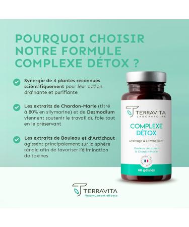 COMPLEXE DETOX | Chardon-Marie + Desmodium + Artichaut + Bouleau | Detox Foie & Colon | limination Rapide et Naturelle des Toxines | Booster d Energie | 60 G lules Vegan | Made in France | Terravita - Buy Online on GoSupps.com
