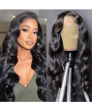 Ainmeys Hair Brazilian body wave 13x6 Glueless HD Transparent Lace Front wigs human hair 9A 180% Density Deep Part lace wigsUnprocessed Virgin human hair wigs for black women Pre Plucked Natural Black(26inch) 26 Inch bod...