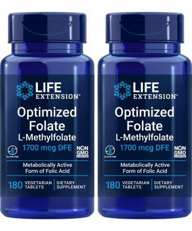 Life Extension Optimized Folate (L-Methylfolate) 1700 mcg DFE 180 Veg Tablets (Pack of 2)