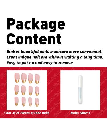 Buy SINHOT Stiletto Press on Nails - Long Almond Gold Glitter Acrylic Glossy French Tip - 24 pcs FN0180002a | International Shipping Available - Buy Online on GoSupps.com