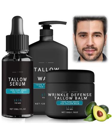 Wrinkle Defense Beef Tallow Balm Mens Skin Care Sets & Kits Mens Facial Kit Mens Skincare - Beef Tallow Mens Face Wash Tallow Serum Tallow Cream - Anti Wrinkle Moisturiser For Men Day & Night