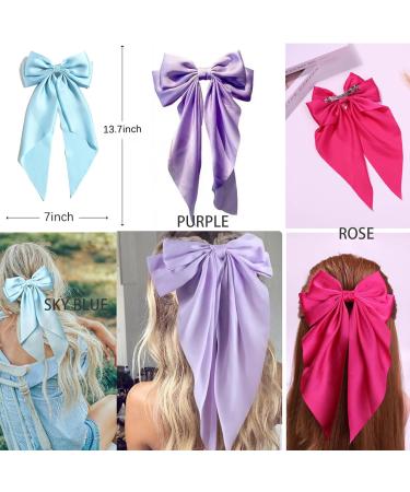 3-PieceBow HairClips Elegant Bow Hair Clips Stylish And Simple Satin Spring Hair Clips Retro Hair Clips Girls Hair Accessories (Purple+Rose+Sky Blue) - Buy Online on GoSupps.com