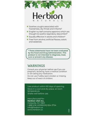 Herbion Naturals Ivy Leaf Cough Syrup with Thyme and Licorice 5 FL Oz soothes throat and relieves breathing problems for adults children 13 months and older pack of 24 - Buy Online on GoSupps.com