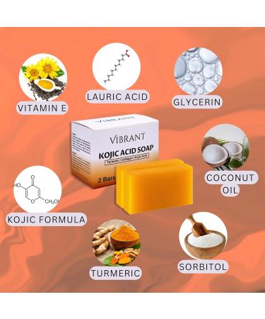 VIBRANT Kojic Acid Soap Bars - Vitamin E Turmeric Collagen & Coconut Oil - Korean Brightening & Anti-Aging Soap for Moisturizing & Skin Lightening (2 x 100g - Buy Online on GoSupps.com