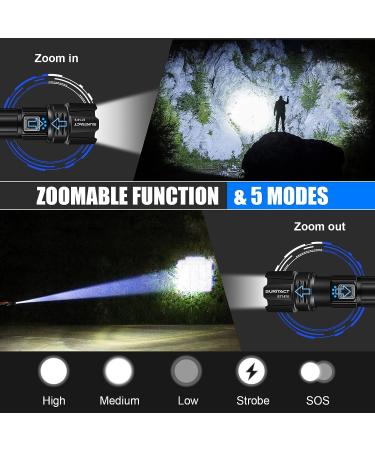 Sunitact Flashlights High Lumens, Rechargeable Flashlights Led 20000 Lumen XHP70.2, Super Bright Flash Light, High Powered Handheld Flashlights for Emergency Camping Gift, IP67 Waterproof, Zoomable Black - Buy Online on GoSupps.com