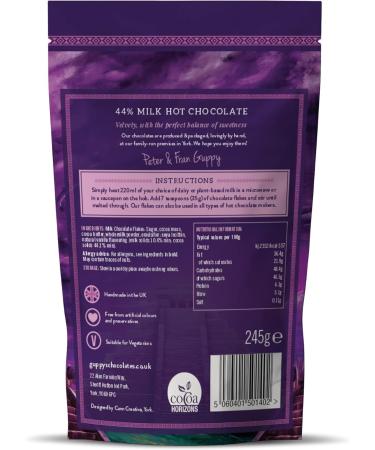 Guppy's Chocolates York | Milk Hot Chocolate Flakes | 44% Luxury Real Grated Drinking Chocolate | 245g Pouch for 7 Sachets | For Velvetiser (Milk Chocolate) - Buy Online on GoSupps.com