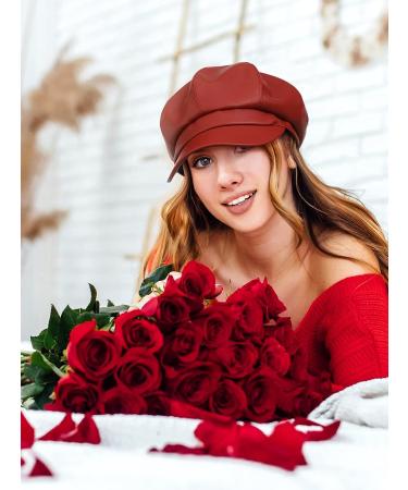 3 Pcs Women Newsboy Hats PU Leather Visor Beret Cabbie Hat Set - Vintage Faux Leather Baker Boy Hat in Khaki, Red, and Black - Buy Online on GoSupps.com