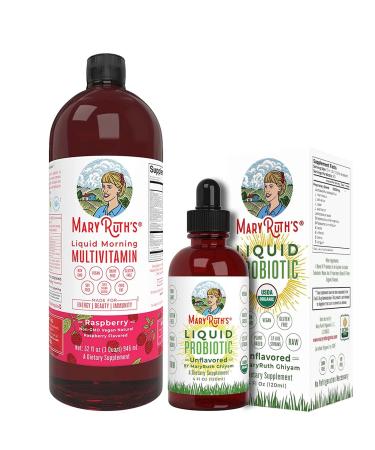 Liquid Multivitamin Raspberry & Liquid Probiotic 4oz Bundle by MaryRuth s | Vegan Vitamin A B C D3 E & Amino Acids | Immune Digestion Focus & Energy Support | Gut Health Supplement.