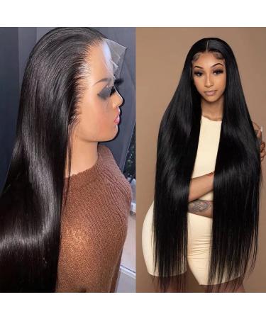 Real Hair Wig Black Women 180% Density 13 x 4 (33x10 cm) Transparent Lace Front Straight Brazilian Virgin Human Hair Wig Natural 28 inch 13 x 4 wig 180% density black