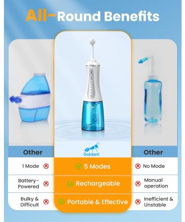 GOLDANT 350ML Neti Pot Sinus Rinse Kit with 40 Nasal Rinse Salt Packets Nasal Irrigation System with 5 Modes 4 Nozzles Cordless Rechargeable IPX7 Waterproof Nose Cleaner (350ML No Salt) - Buy Online on GoSupps.com