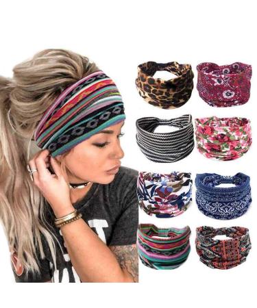 Bohend Boho Headband Wide Yoga Stretchy Bandeau Large Headwrap Sport Athletic Beach Hair Accessories for Women and Girls(8pcs)