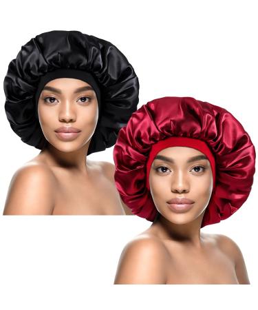 Kenllas Silk Satin Bonnet for Women - 2 PCS Extra Large Caps for Long Frizzy Curly Dreadlock Braid Hair (Black & Red)