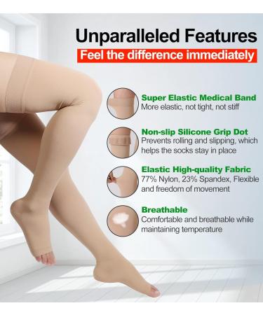 Thigh High Compression Stockings Open Toe Pair Firm Support 20-30mmHg - Silicone Band, Unisex, Beige, M - Buy Online on GoSupps.com