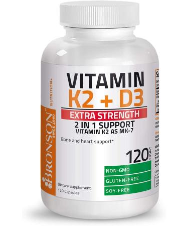 Bronson Vitamin K2 (MK7) & D3 Extra Strength Supplement - 10,000 IU Vitamin D3, 120 mcg Vitamin K2 MK-7 - Bone & Heart Health - Non-GMO Formula - 120 Capsules - Buy Online on GoSupps.com