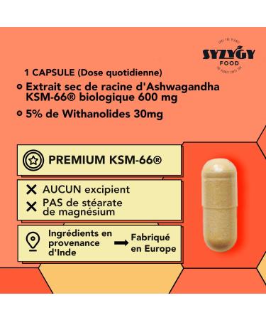 SYZYGY FOOD | Ashwagandha KSM-66 600mg | 60 Capsules 60 Day Treatment | No Excipients | 30mg Withanolides | Withania Somnifera | Vegan | Certified Organic | Made in EU - Buy Online on GoSupps.com
