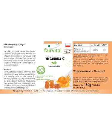 Fairvital | Gommes vitamine C - 90 pi ces - 500mg par jour - Saveur orange - Hautement dos es - 100% v g taliennes + sans sucre - Qualit contr l e et hautement dos es - Fabriqu es en allemagne - Buy Online on GoSupps.com