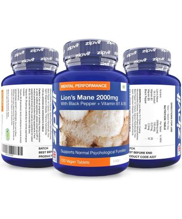 Lion's Mane Mushroom Extract 2000mg - 120 Vegan Tablets with Black Pepper, Vitamins B1 & B5 | Supports Psychological Function & Mental Performance, Reduces Fatigue - Buy Online on GoSupps.com