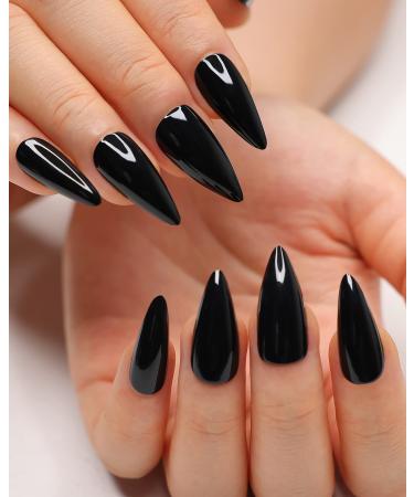 morily 24Pcs Black Press on Nails Stiletto Fake Nails Medium Length Almond False Nails Tips Long Acrylic Glossy Stick on Nail Solid Color Full Cover Fingernails Manicure for Women and Girls (Black)