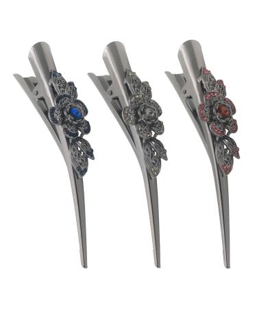 HOLLIHI Set of 3 Large Metal Alloy Alligator Sectioning Clips for Women and Girls - Pretty Strong Clamp Hair Pins Non-Slip Hair Grips Accessories for Thick Hair Silver Gray (Plum Blossom)